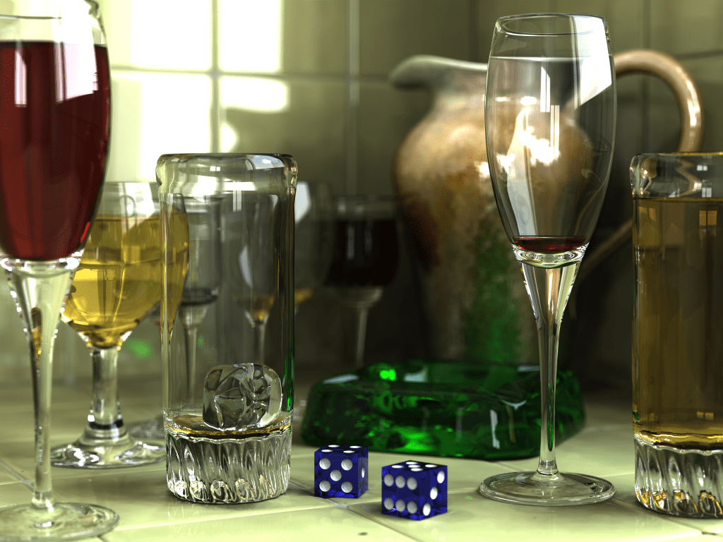 Rendering with raytracing, radiosity, and caustics and imperfections from the mid 2010’s